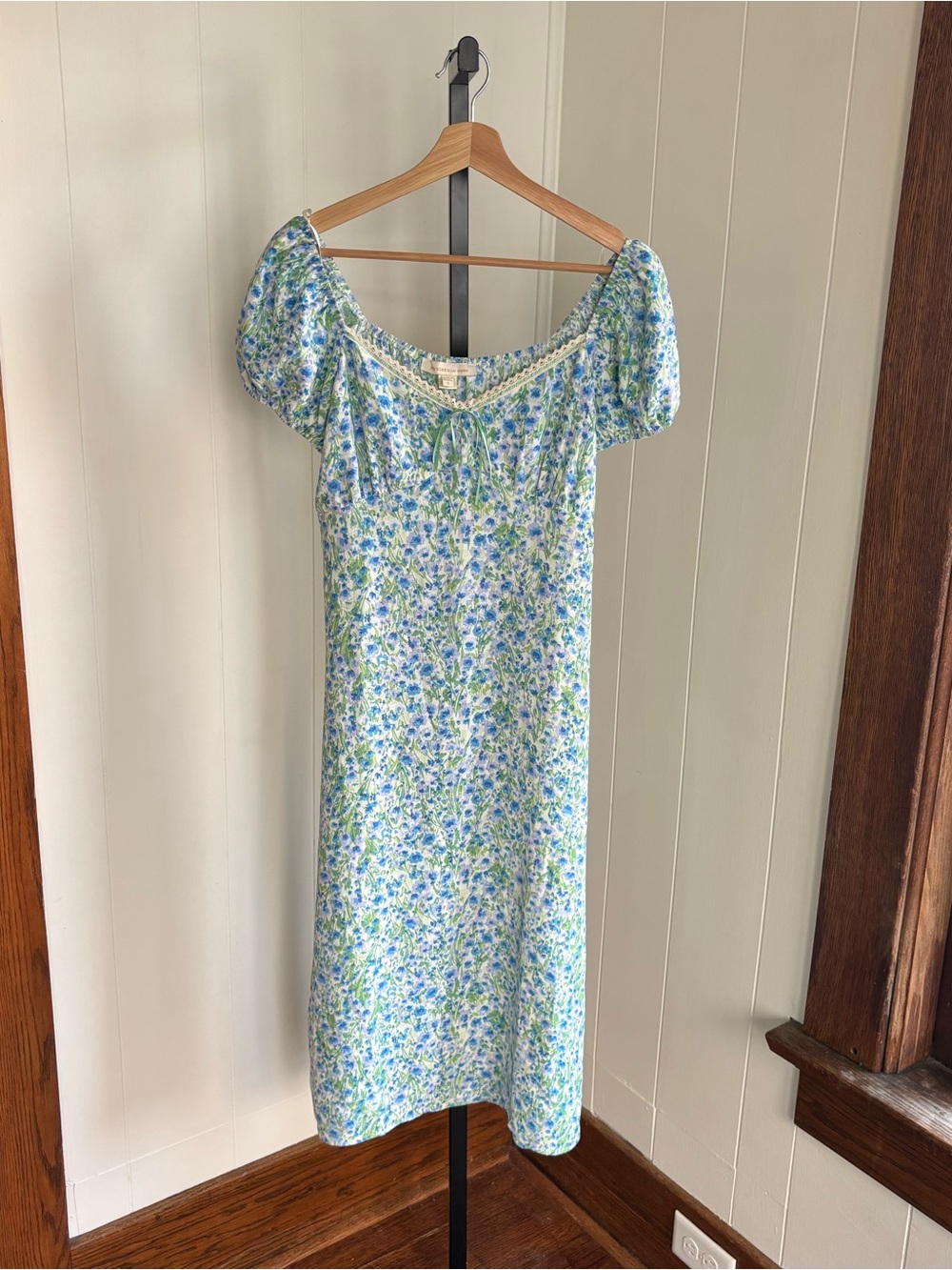 Monteau LA Floral Midi Dress Blue Green Puff Sleeve Cottagecore Womens S